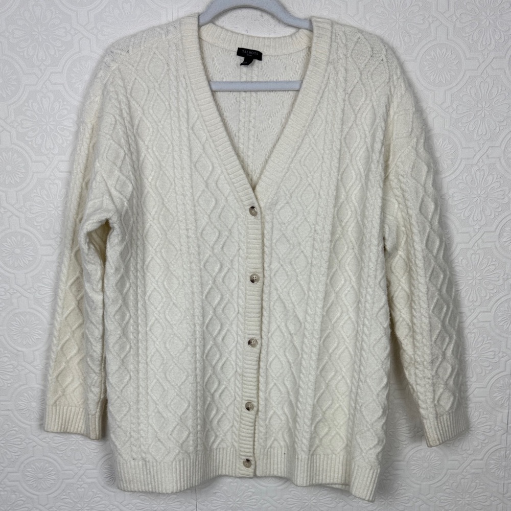 Talbots Cable Knit‎ Cardigan Petite XL Cream Alpaca Wool Blend Button Front XLP